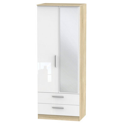 Trent Tall 2 Drawer Mirrored Wardrobe In White Gloss & Bardolino Oak (Ready Assembled)