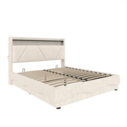Abrihome Modern King Size Bed With Led Headboard & Under-Bed Storage, Usb Ports, Quiet Slatted Base & Side Pockets,150X200Cm, Beige - thumbnail 9