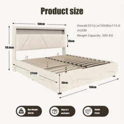 Abrihome Modern King Size Bed With Led Headboard & Under-Bed Storage, Usb Ports, Quiet Slatted Base & Side Pockets,150X200Cm, Beige - thumbnail 7