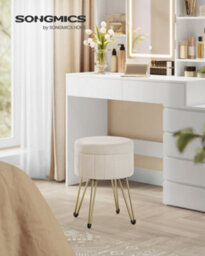 Songmics Storage Ottoman, Velvet Dressing Table Stool, 39 X 44.4 Cm (Dia.x H), Round Storage Stool Seat, 4 Metal Legs, Cream White - thumbnail 1