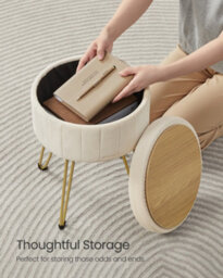 Songmics Storage Ottoman, Velvet Dressing Table Stool, 39 X 44.4 Cm (Dia.x H), Round Storage Stool Seat, 4 Metal Legs, Cream White - thumbnail 4