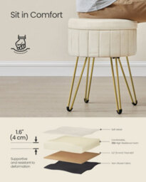 Songmics Storage Ottoman, Velvet Dressing Table Stool, 39 X 44.4 Cm (Dia.x H), Round Storage Stool Seat, 4 Metal Legs, Cream White - thumbnail 8