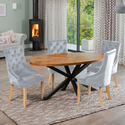 Dosenna Oval Dining Table Set With 4 Ravenna Velvet Chairs - Silver