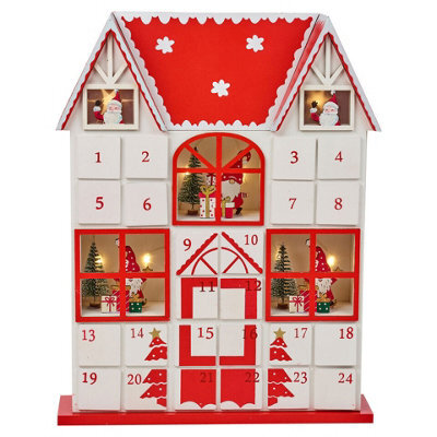 Urbn-Living Urbnliving 37Cm Height Red & White Wooden House Advent Calendar Christmas Xmas Santa Led Lights 24 Drawer Countdown - image 1