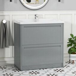 Royal Bathrooms Elmore 800mm Floor Standing 2 Drawer Bathroom Vanity Unit With Traditional Ceramic Basin Sink - Matt Pebble Grey - thumbnail 1