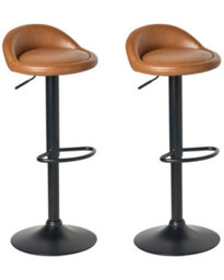 Wyld and Coco Set Of 2 Golden Brown Faux Leather Bar Stools, 360 Swivel, Adjustable Height, Black Powder-Coated Iron Base - thumbnail 3
