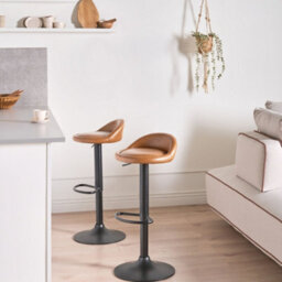 Wyld and Coco Set Of 2 Golden Brown Faux Leather Bar Stools, 360 Swivel, Adjustable Height, Black Powder-Coated Iron Base - thumbnail 2