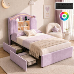 Btm 3Ft Single Kids Bed, Velvet Upholstered Frame With Led Headboard, Charging Station And 2 Reversible Drawers, Purple - thumbnail 1