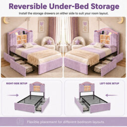 Btm 3Ft Single Kids Bed, Velvet Upholstered Frame With Led Headboard, Charging Station And 2 Reversible Drawers, Purple - thumbnail 9