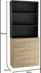 Urbn-Living Urbnliving Height 180Cm Oak Drawers & Black Bookcase 80Cm Width 3 Tier Wooden Storage Chest Cabinet & Display Bookcase Shelving - thumbnail 2