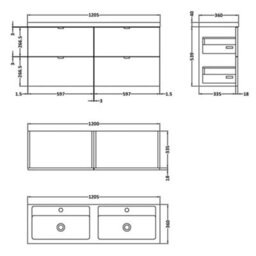 Hudson Reed Fusion Wall Hung 4 Drawer Vanity Unit & Twin Polymarble Basin, Sink Vanity Unit, Charcoal Black, 1200mm - thumbnail 5