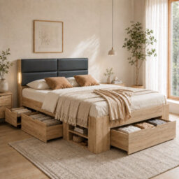 Modernluxe 4Ft6 Double Bed, With Storage, 135 X 190 Cm, With 3 Drawers, 2 Open Shelves, Padded Headboard And Led Light, Natural - thumbnail 1