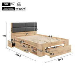 Modernluxe 4Ft6 Double Bed, With Storage, 135 X 190 Cm, With 3 Drawers, 2 Open Shelves, Padded Headboard And Led Light, Natural - thumbnail 4