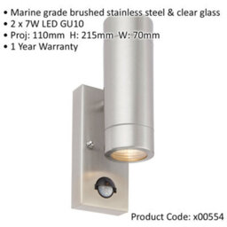 Up & Down Ip44 Outdoor Wall Light With Pir - 2 X 7W Led Gu10 - Stainless Steel - thumbnail 2