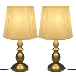 Pair Harvard Antique Brassed Touch Table Lamp With Cream Hexagon Shade And 4 Stage Dimmer Bulbs Not Included