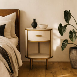 Wyld Haus Treviso Ivory Faux Shagreen Round Bedside Table With Drawer - thumbnail 2