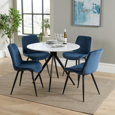 Core Products Aspen White 100Cm Round Dining Table With 4 Blue Cord Fabric Diamond Stitch Design Chairs - image 1
