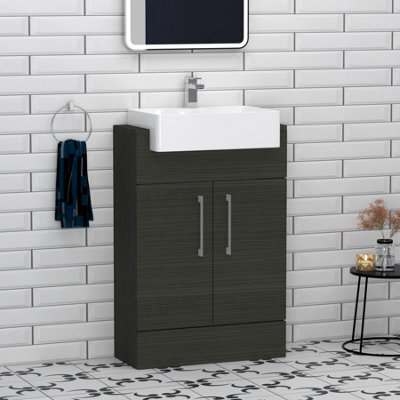 Royal Bathrooms Elena 600mm Charcoal Oak Floor Standing Bathroom Vanity Unit With 2 Door Cabinet Storage & Semi Recessed Basin - image 1