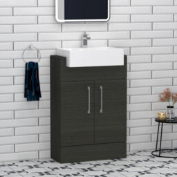 Royal Bathrooms Elena 600mm Charcoal Oak Floor Standing Bathroom Vanity Unit With 2 Door Cabinet Storage & Semi Recessed Basin