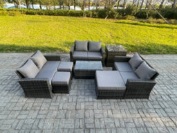 Fimous 8Pc Rattan Sofa Garden Furniture Outdoor Patio Set With Side Table 3 Footstools Double Seat Sofa Dark Grey Mixed - thumbnail 2