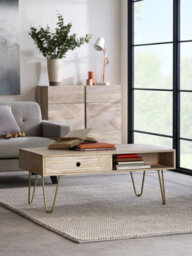Buttercup Farm Light Gold Rectangular Coffee Table With Drawer - Solid Mango Wood - L60 X W110 X H45 Cm - thumbnail 5