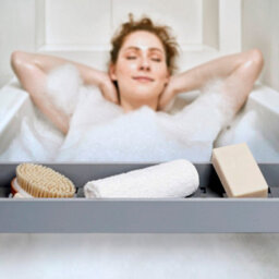 EHC Woodluv Slimline Bamboo Bathtub Caddy Tray Bridge Wooden Bath Rack Bathroom Accessory Bath Shelf Over Tub 70 X 14.5 X 7.5Cm - Grey - thumbnail 5