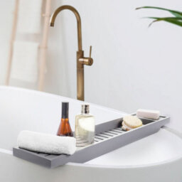 EHC Woodluv Slimline Bamboo Bathtub Caddy Tray Bridge Wooden Bath Rack Bathroom Accessory Bath Shelf Over Tub 70 X 14.5 X 7.5Cm - Grey - thumbnail 4