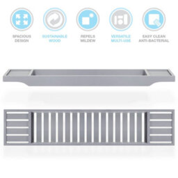 EHC Woodluv Slimline Bamboo Bathtub Caddy Tray Bridge Wooden Bath Rack Bathroom Accessory Bath Shelf Over Tub 70 X 14.5 X 7.5Cm - Grey - thumbnail 7