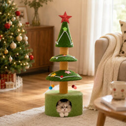Darphe Christmas Tree Cat Tree With Sisal Scratching Posts And Plush Condo With Hanging Pom-Poms, 105Cmh - thumbnail 1