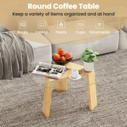 Costway Round Coffee Table Modern Center Table W/ Tempered Glass Top & Rubber Wood Legs - thumbnail 9