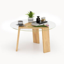 Costway Round Coffee Table Modern Center Table W/ Tempered Glass Top & Rubber Wood Legs - thumbnail 3