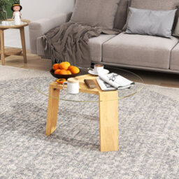 Costway Round Coffee Table Modern Center Table W/ Tempered Glass Top & Rubber Wood Legs - thumbnail 4