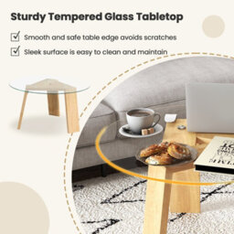 Costway Round Coffee Table Modern Center Table W/ Tempered Glass Top & Rubber Wood Legs - thumbnail 7