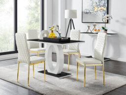 Furniturebox Giovani Rectangular 4 Seat White High Gloss Unique Halo Dining Table Black Glass Top 4 White Faux Leather Gold Leg Milan Chairs