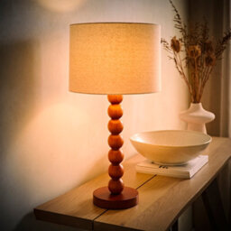 Valuelights Wyatt Natural Linen Drum Lamp Shade Walnut Wood Bobbin Table Lamp With Led Bulb