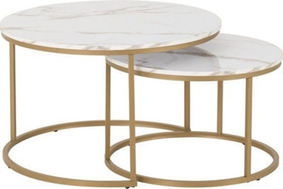 Seconique Dallas Round Coffee Table Set In Marble Effect And Gold Tone Metal Finish - image 1