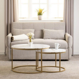 Seconique Dallas Round Coffee Table Set In Marble Effect And Gold Tone Metal Finish - thumbnail 4