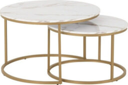 Seconique Dallas Round Coffee Table Set In Marble Effect And Gold Tone Metal Finish