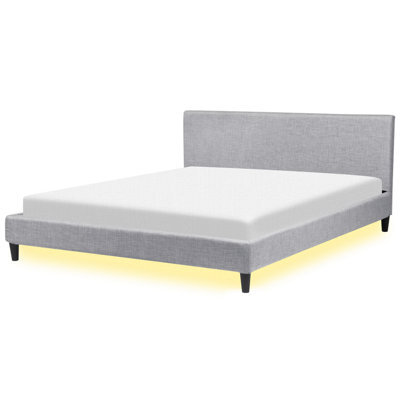 Beliani Bed With Led Fabric Fitou 180 X 200 Cm (Eu Super King) Light Grey - image 1