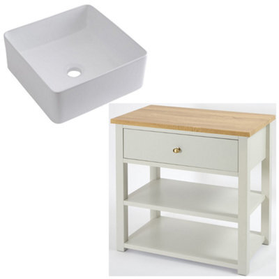 Homestylestore 840mm Antique White And Oak Bathroom Vanity Unit With Square Countertop Basin And Gold Round Handles - image 1