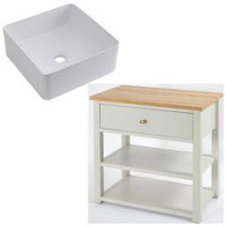 Homestylestore 840mm Antique White And Oak Bathroom Vanity Unit With Square Countertop Basin And Gold Round Handles - thumbnail 1