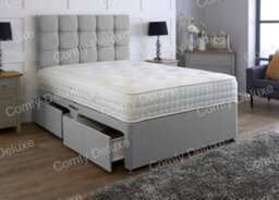 Comfy Deluxe 4Ft Silver Small Double Linen Fabric Divan Bed Pocket Mattress & Headboard 2  Drawers One Each Side