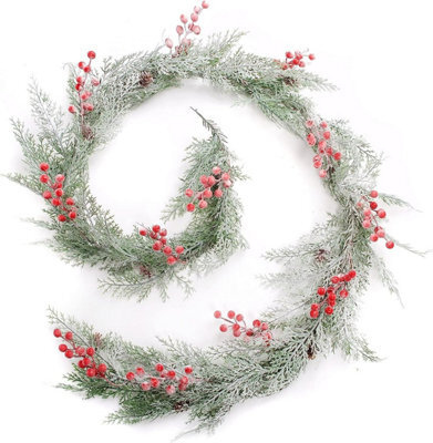 Best Artificial 7Ft / 2M Outdoor/indoor Frosted Christmas Conifer Leaf Garland String With Red Berries Xmas - image 1