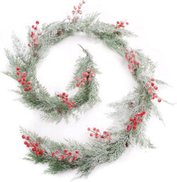 Best Artificial 7Ft / 2M Outdoor/indoor Frosted Christmas Conifer Leaf Garland String With Red Berries Xmas - thumbnail 1