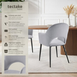 Tectake Set Of 4 Dining Chair Sasha- Padded Armchair In Velvet Look, Continuous Backrest  - Light Grey - thumbnail 2