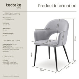 Tectake Set Of 4 Dining Chair Sasha- Padded Armchair In Velvet Look, Continuous Backrest  - Light Grey - thumbnail 6