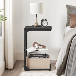 Industrial C-Shape Side Table, Metal Frame End Table, Sofa Accent Table, Living Room Furniture, Ebonised Oak And Black