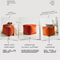 Kosi Atelier Kosiatelier Bean Bag Velvet Footstool Ottomona Cube Pouf Chair Pouffe, Polystyrene Beads Filled - Pumpkin, 40Cm X 40Cm X 40Cm - thumbnail 5