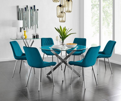 Furniturebox Uk Novara 120Cm Round Dining Table And 6 Blue Pesaro Silver Leg Chairs - image 1