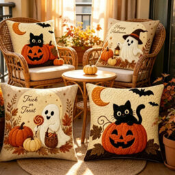 Amorly 4Pcs Fall Embroidered Throw Pillow Cover 18X18 Inch, Cat Pumpkin,2D Printed Cushion Cases For Sofa Couch Fall Harvest Home Decor - thumbnail 5
